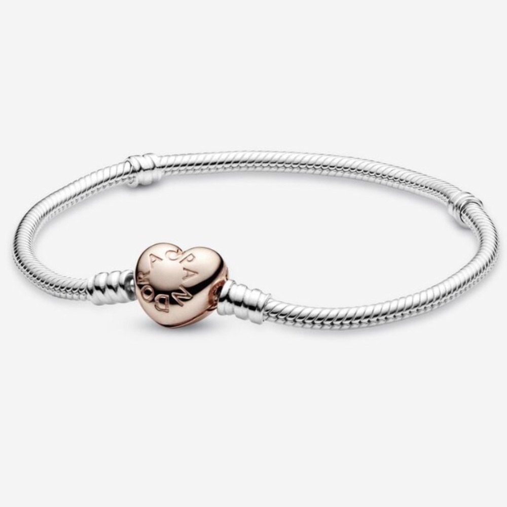 Like New Pandora Moments 14K Rose Gold Plated Heart Clasp Snake Chain Bracelet